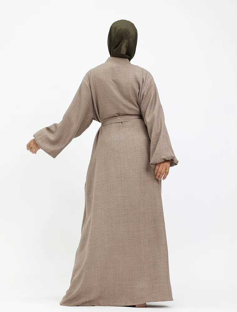 Mocha Linen Feel Nehru Collar Maxi